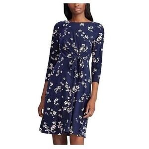 NWT Chaps Navy & Pink Cherry Blossom Floral Draped Knot-Front Dress Women S